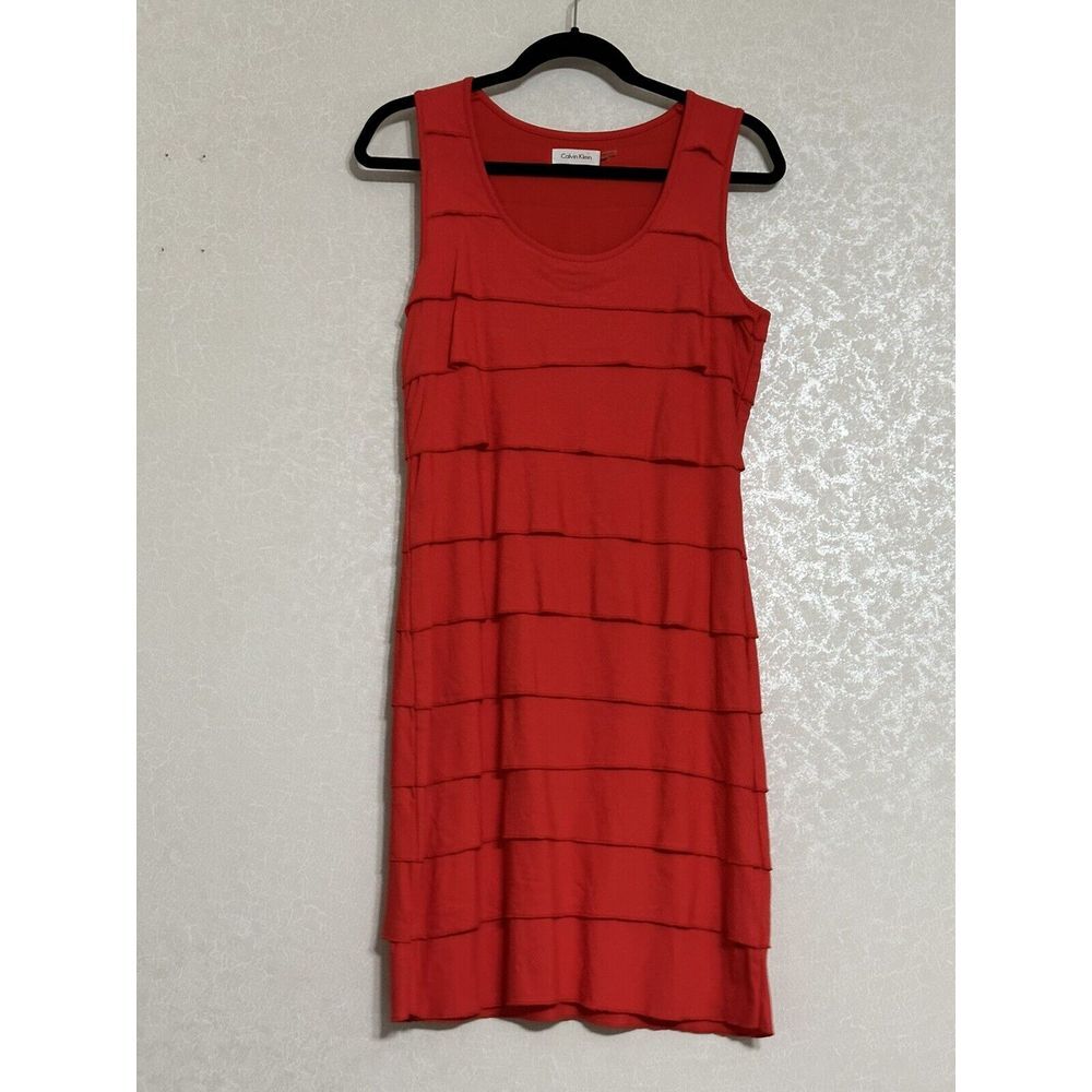 Calvin Klein Red Tiered Ruffle Sleeveless Knee Length Shift Dress‎ Petite 10P